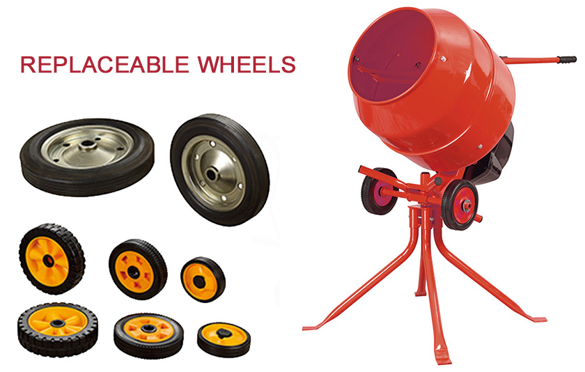 Portable electric concrete mixer with steel frame and replaceable wheels