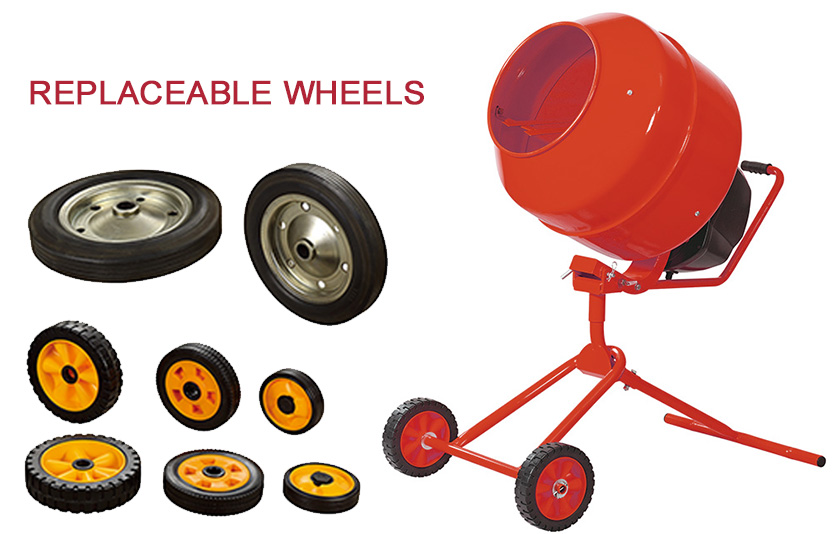 Portable concrete mixer with replaceable wheels