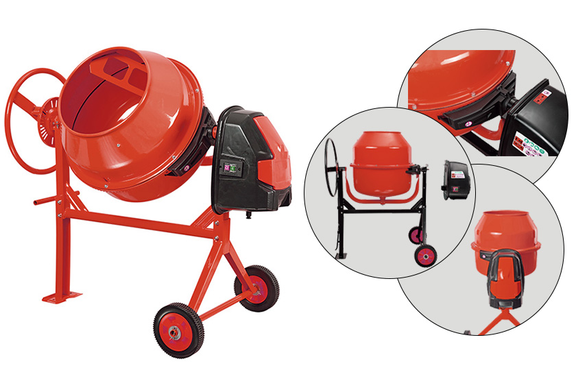 Portable electric concrete mixer with steel frame and large wheels