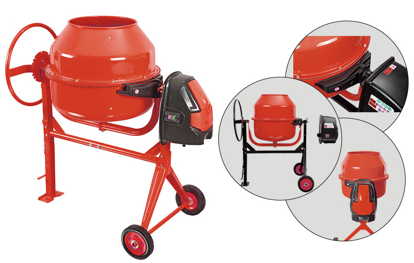 Portable electric concrete mixer with steel drum and tilting handle