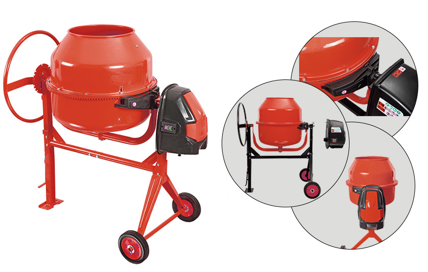 Portable electric concrete mixer with steel drum and large wheels