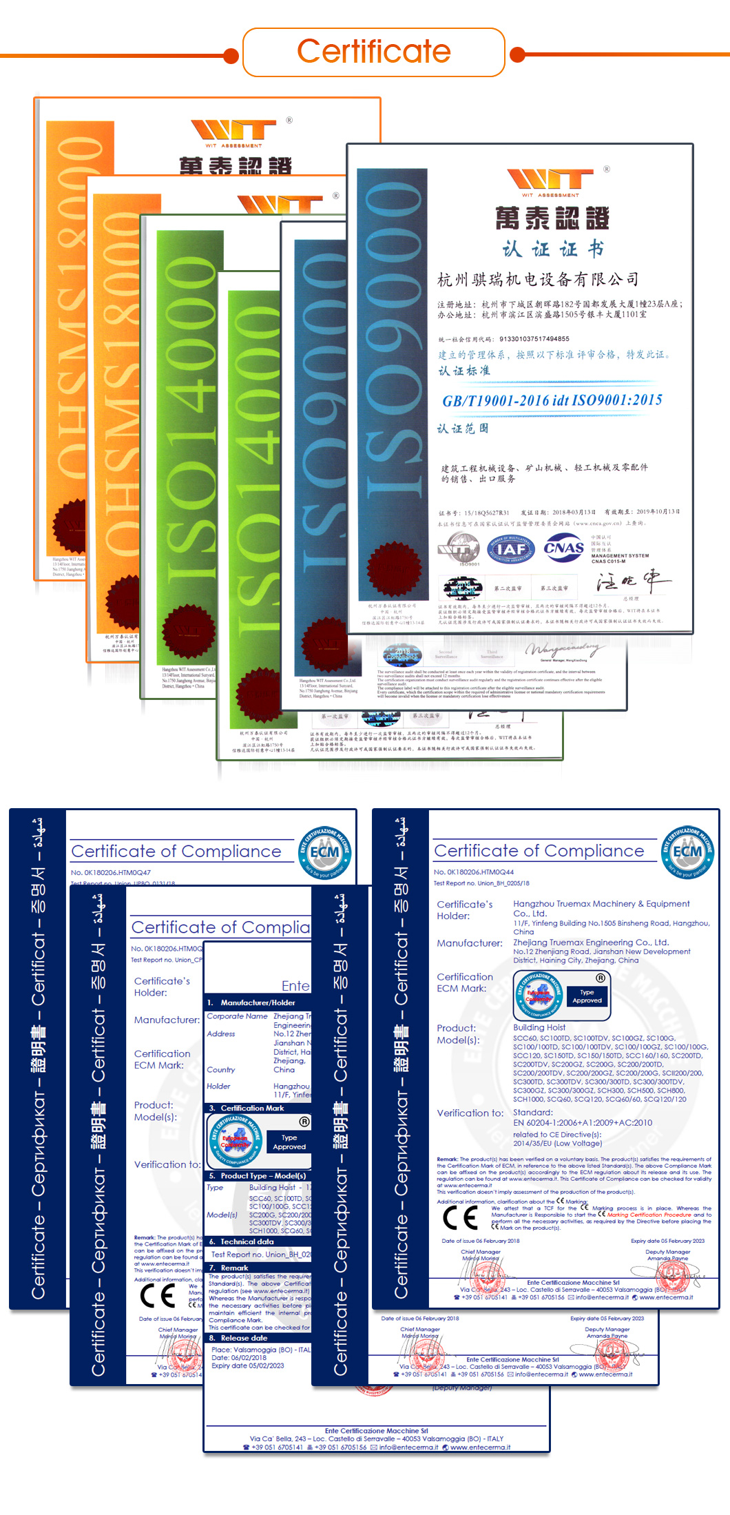 Quality management and CE compliance certificates