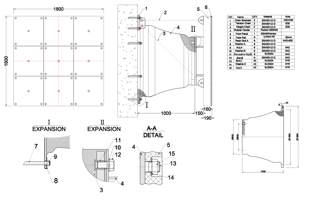 Technical drawing of cone marine rubber fender system