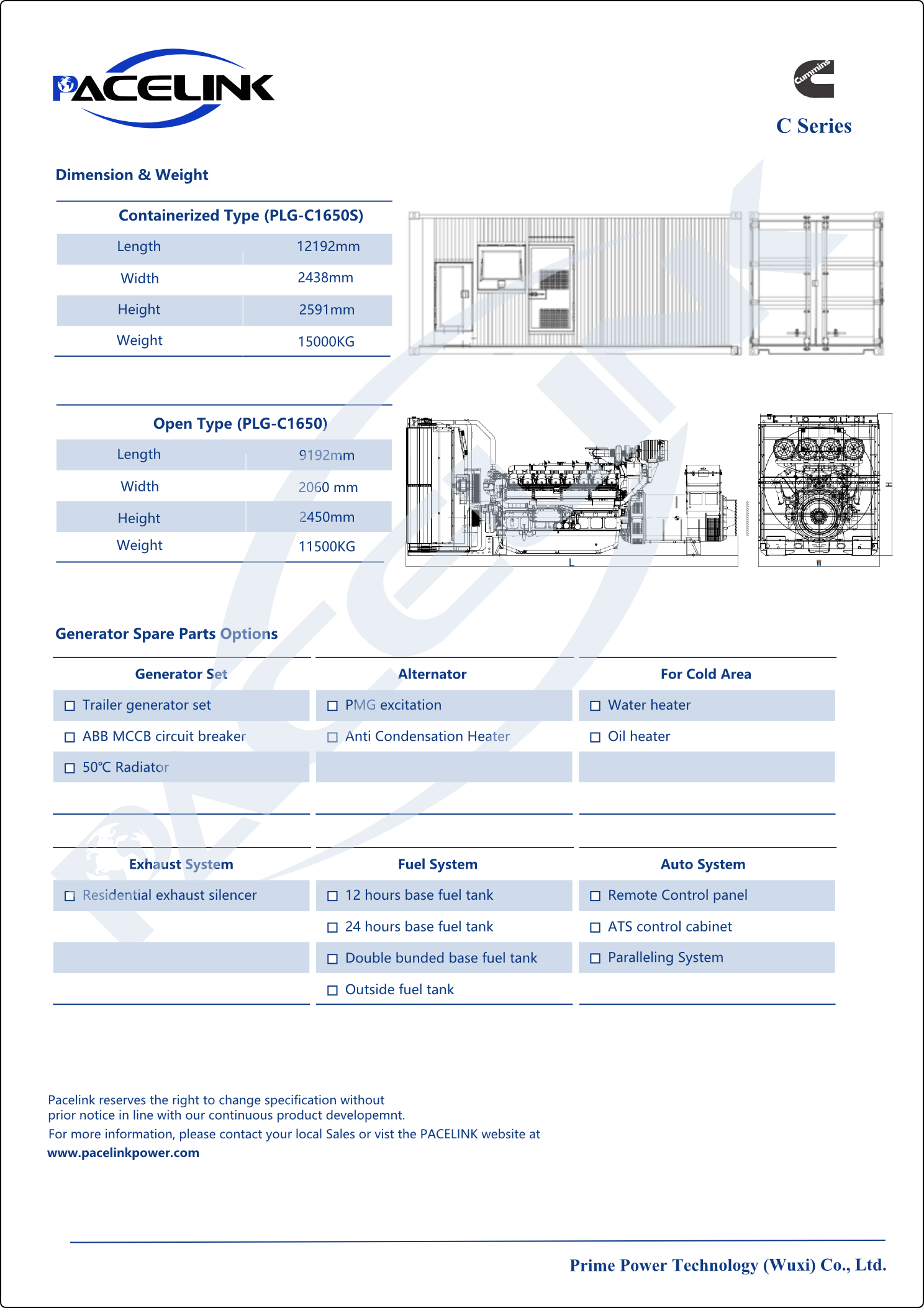 Dimensions, weight and optional equipment