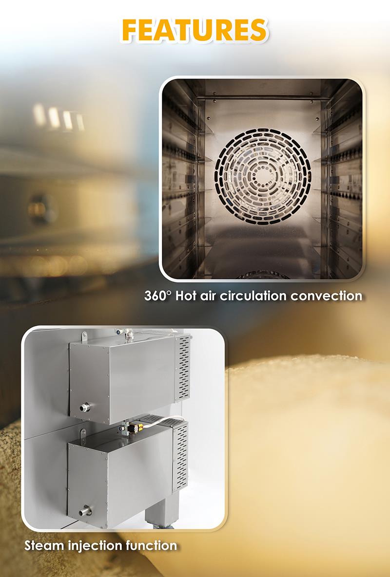 Convection oven features showing 360 degree hot air circulation and steam injection