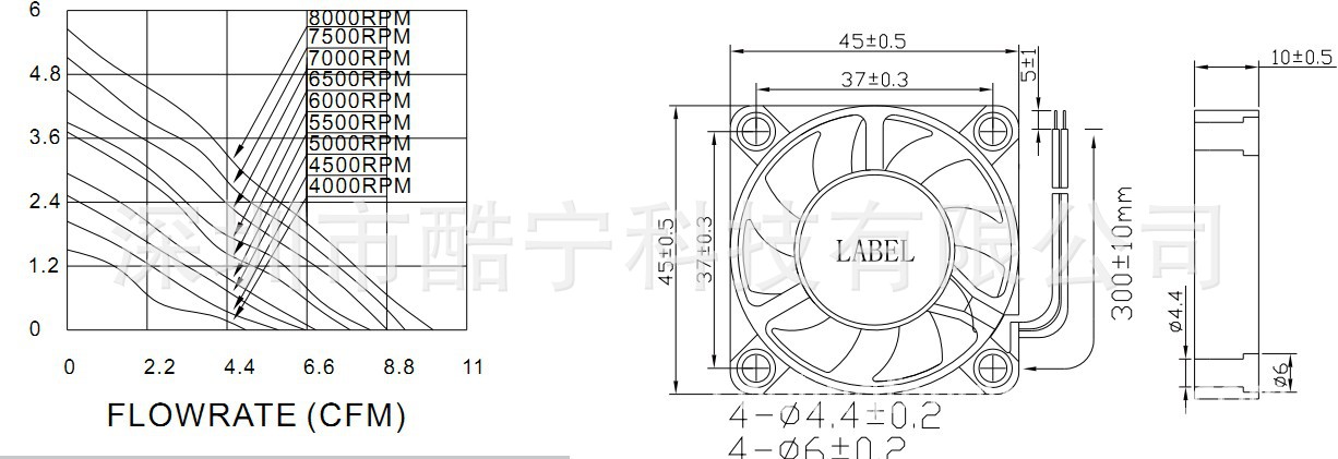 Technical drawing and airflow performance graph