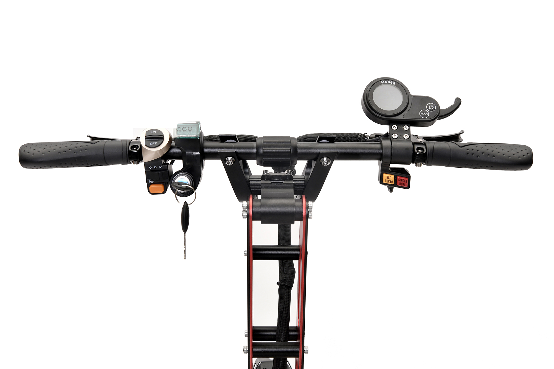 Close-up of the scooter handlebar and digital control interface