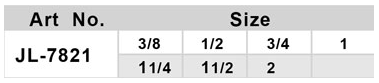 Table showing available sizes for JL-7821 brass gas valve from 3/8 to 2 inches