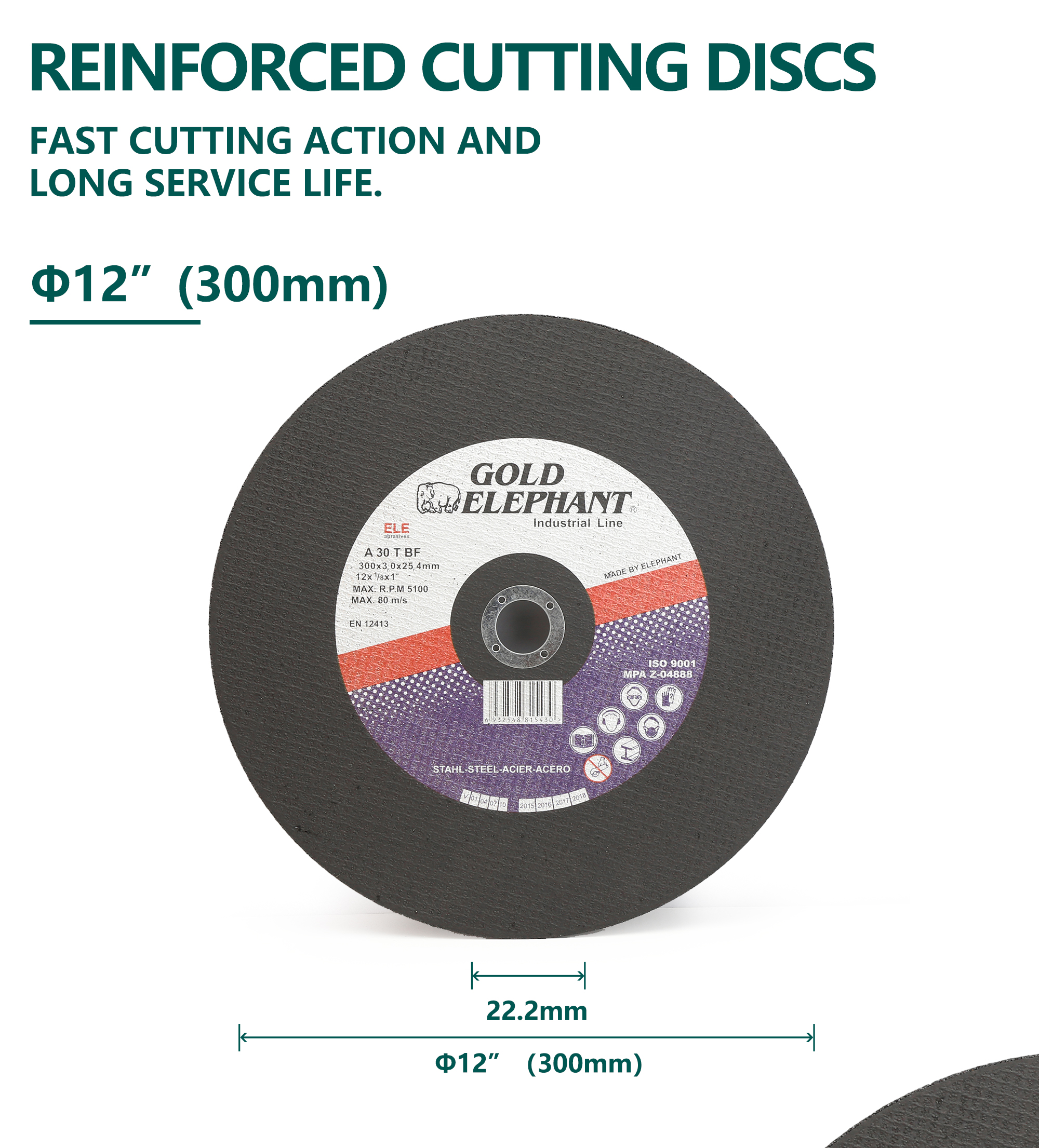 12-inch reinforced cutting disc showing dimensions and safety markings