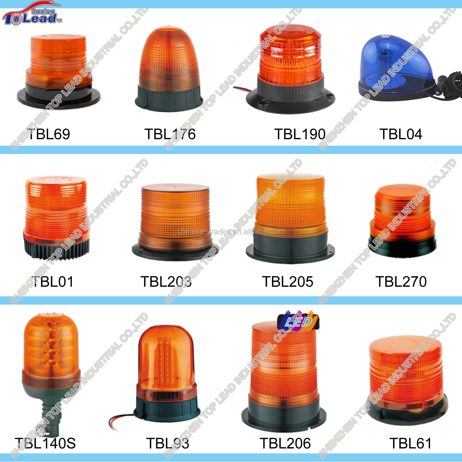 Range of rotating warning lights in amber and blue