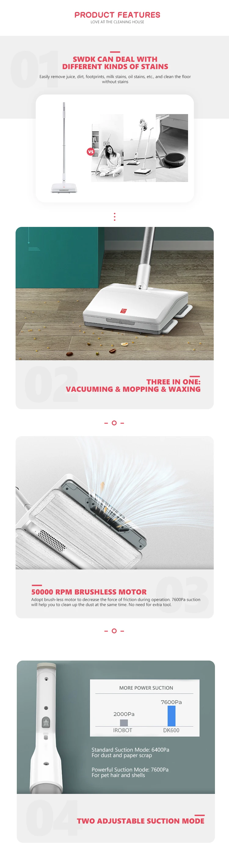 Infographic showing the 3-in-1 vacuuming, mopping, and waxing capabilities.