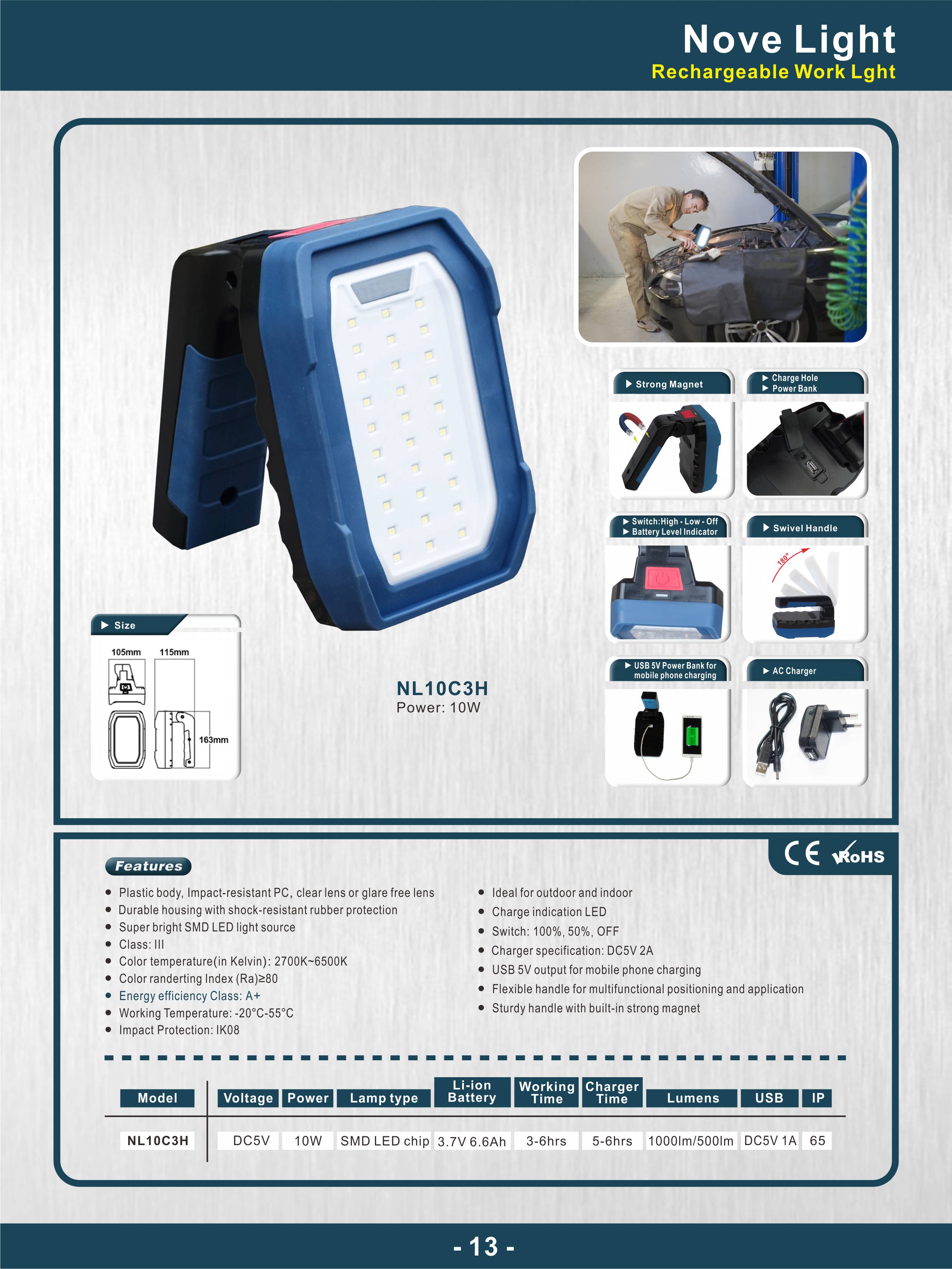Technical diagram and feature highlights of the NL10C3H rechargeable work light