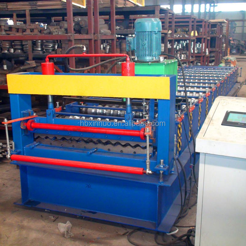 Side profile of the roll forming machine highlighting the drive motor and roller alignment.