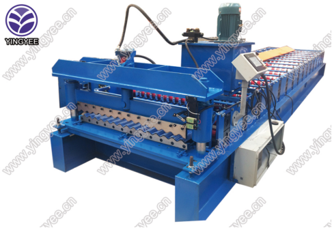 Full view of blue corrugated roof sheet roll forming machine