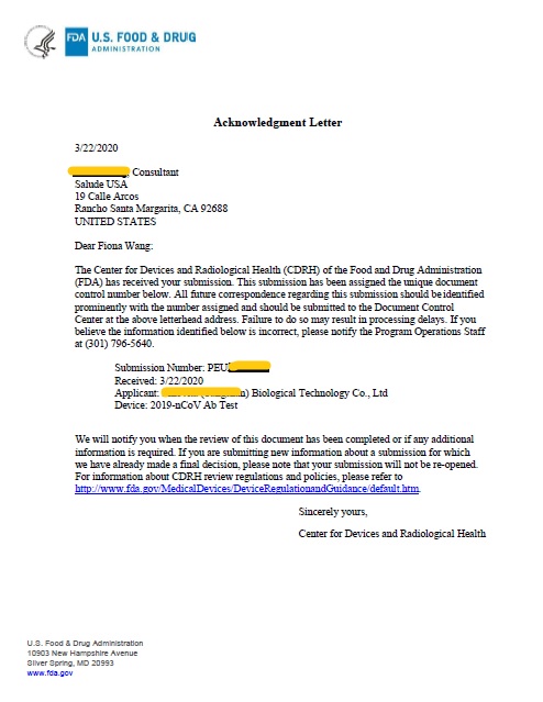 FDA Acknowledgment Letter for 2019-nCoV Ab Test