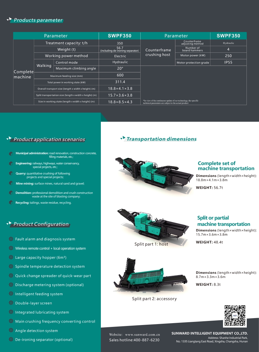 Technical parameters and transport dimensions of the crushing station