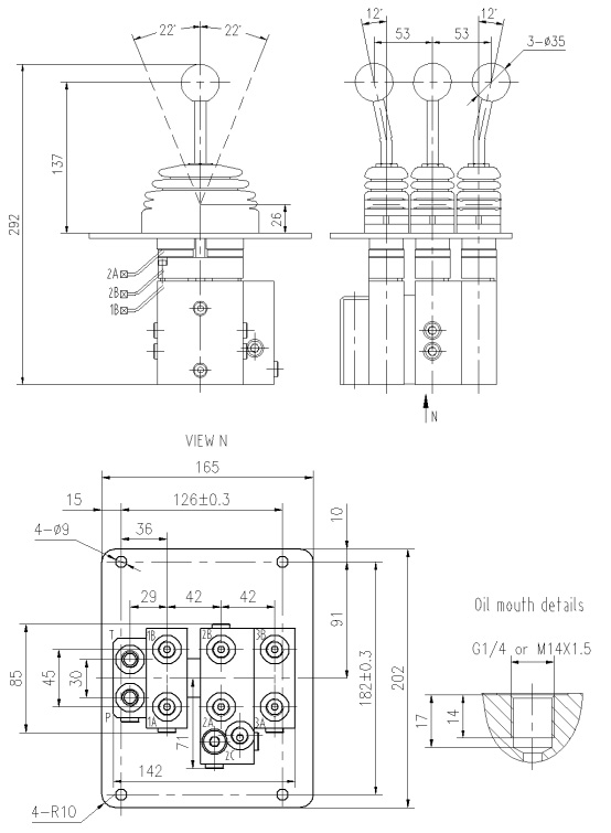 Multi-lever valve technical drawing
