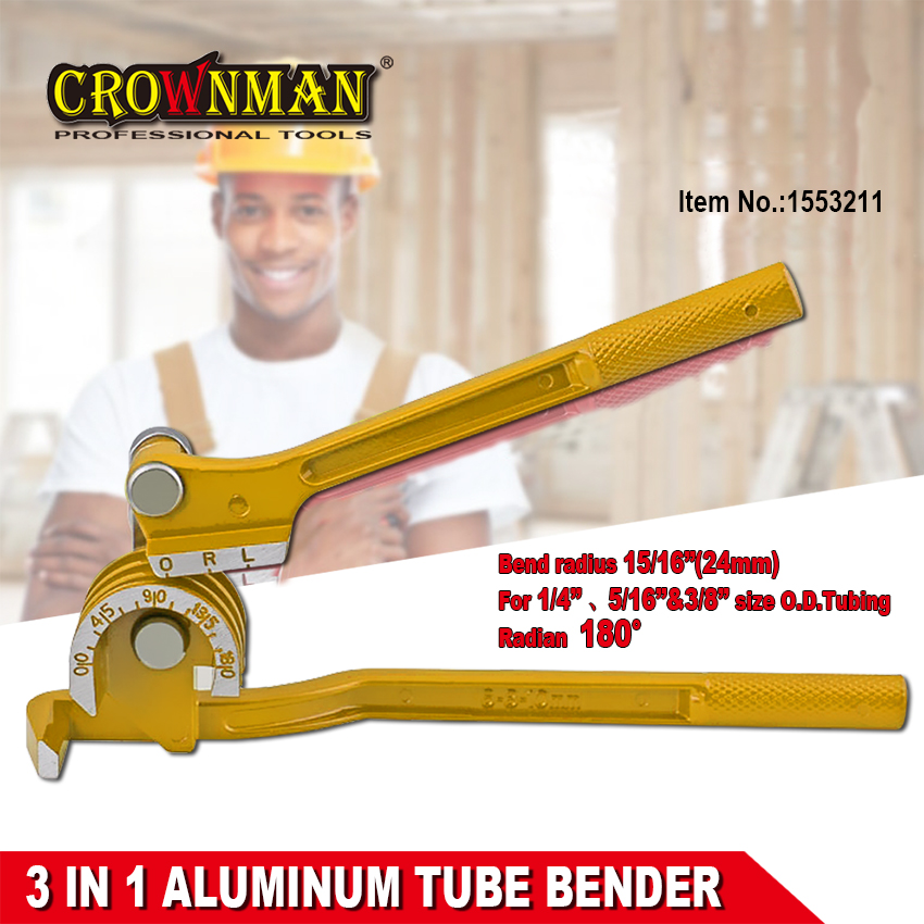 Overview of the 3-in-1 aluminum tube bender showing size compatibility.