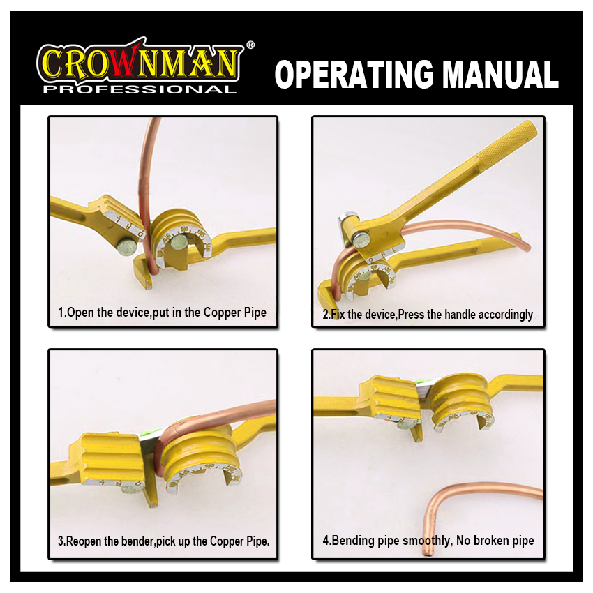 Step-by-step visual operating manual for bending copper pipes.