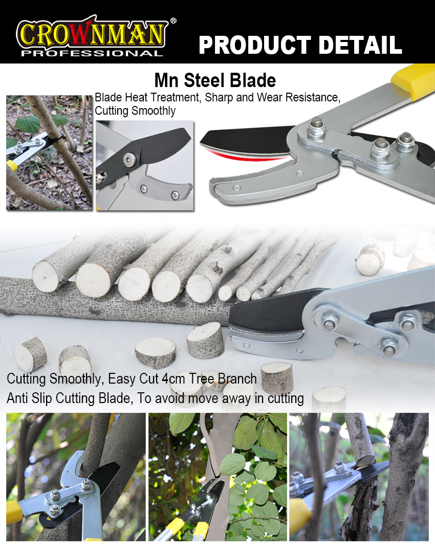 Close up of the carbon steel blade cutting a branch
