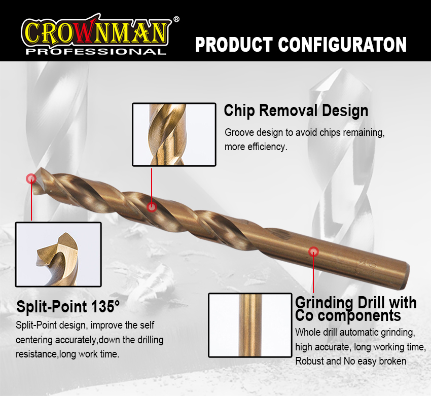 Technical configuration showing 135 degree split point and chip removal groove design