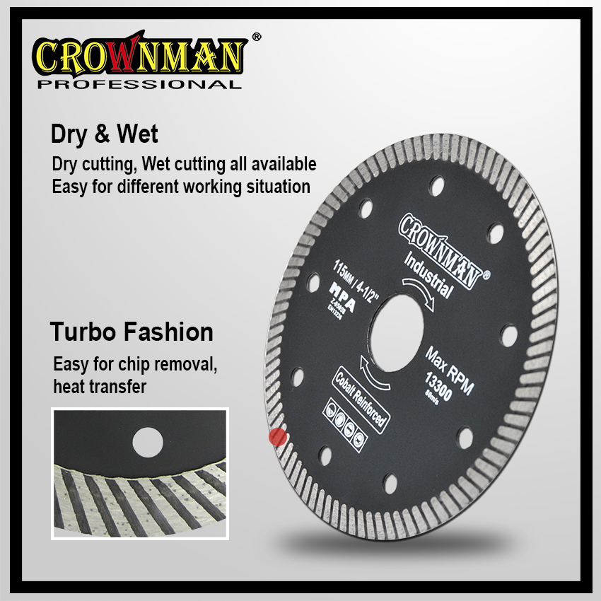 Diamond saw blade showing turbo design for wet and dry cutting