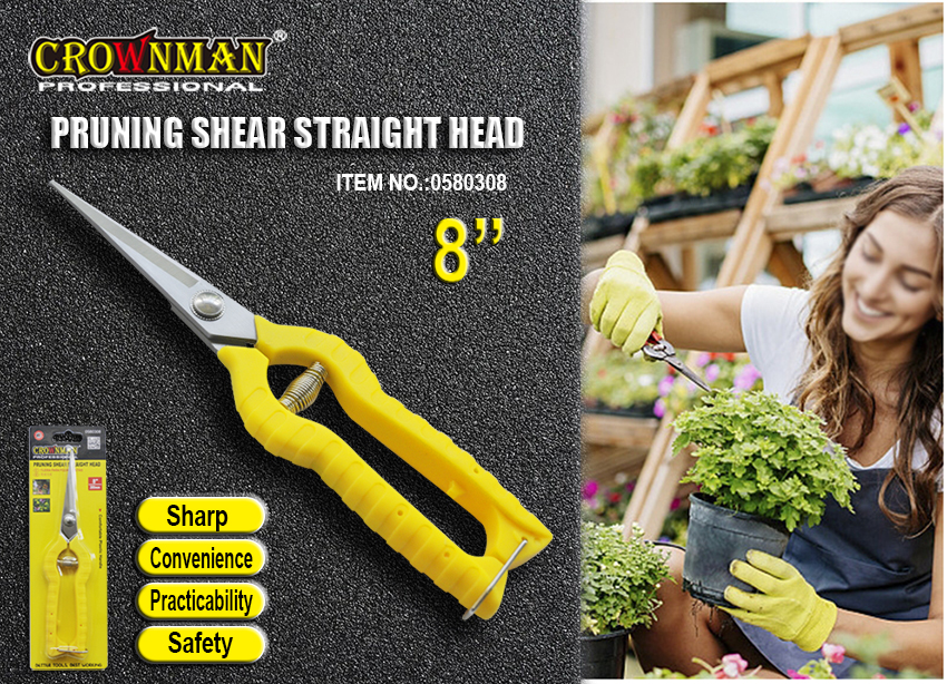 Long straight blade pruning shear highlighting reach and safety features