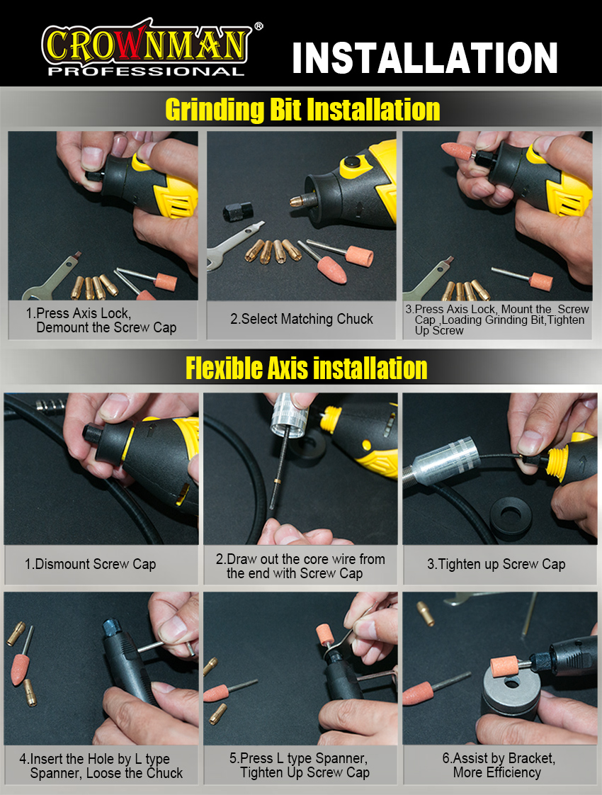 Installation guide for bits and flexible shaft