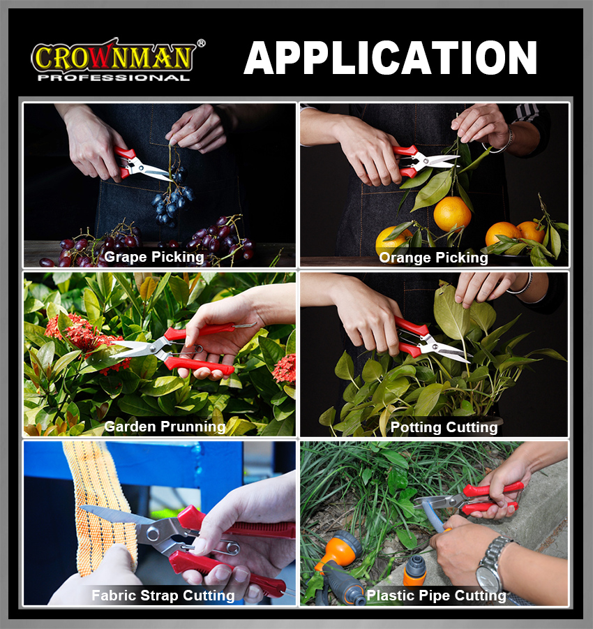 Multi-purpose scissors being used for gardening and industrial tasks