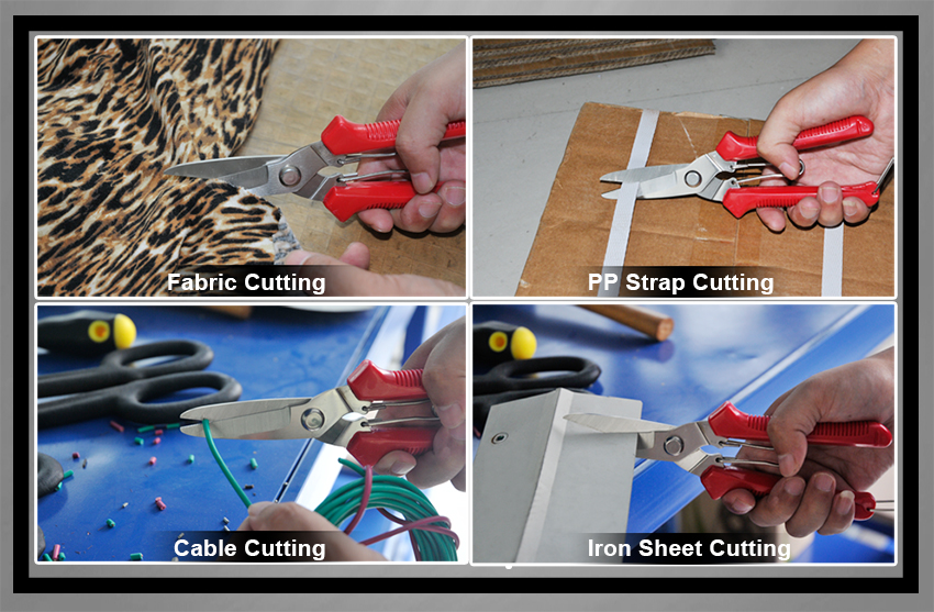 Demonstration of scissors cutting through fabric, straps, and thin metal