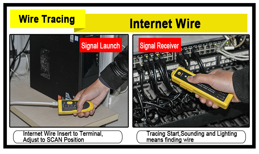 Demonstration of wire tracing using the signal launcher and receiver on network cables.