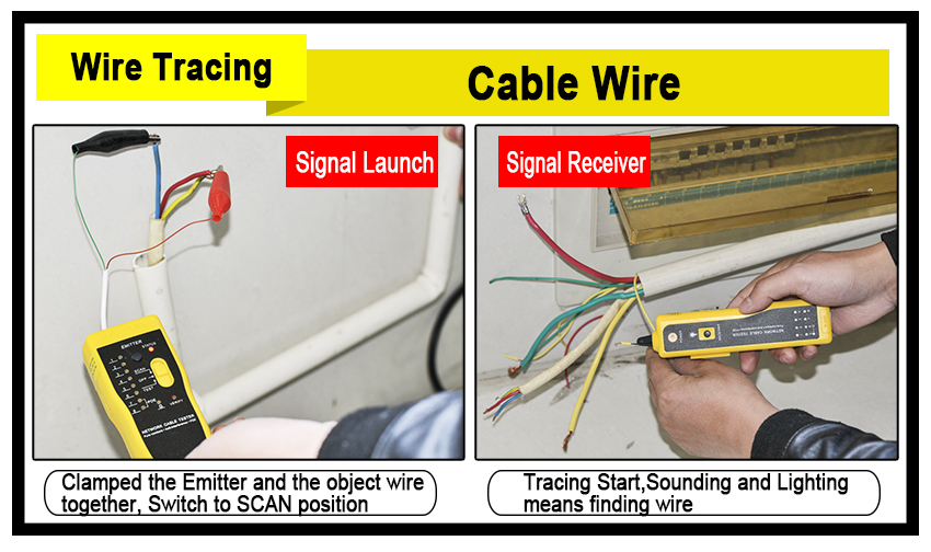 Using crocodile clamps for tracing various wire types with audio and light indicators.