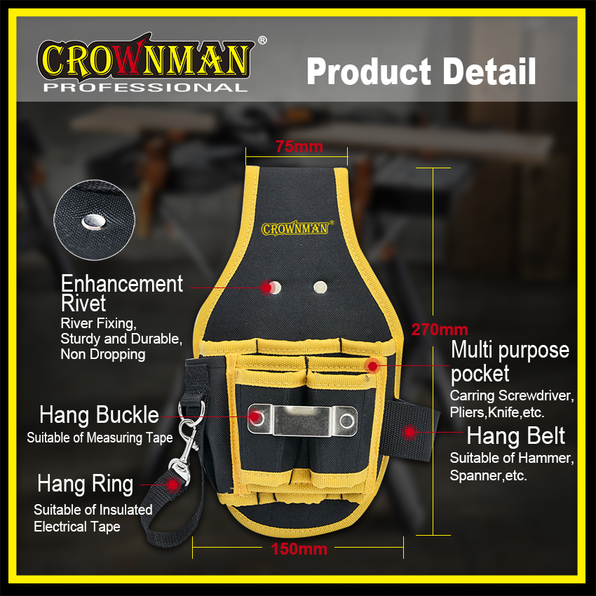 Detailed diagram showing tool bag dimensions and specialized pocket layout