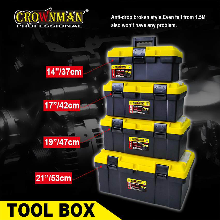 Multiple sizes of professional tool boxes showing impact resistance features