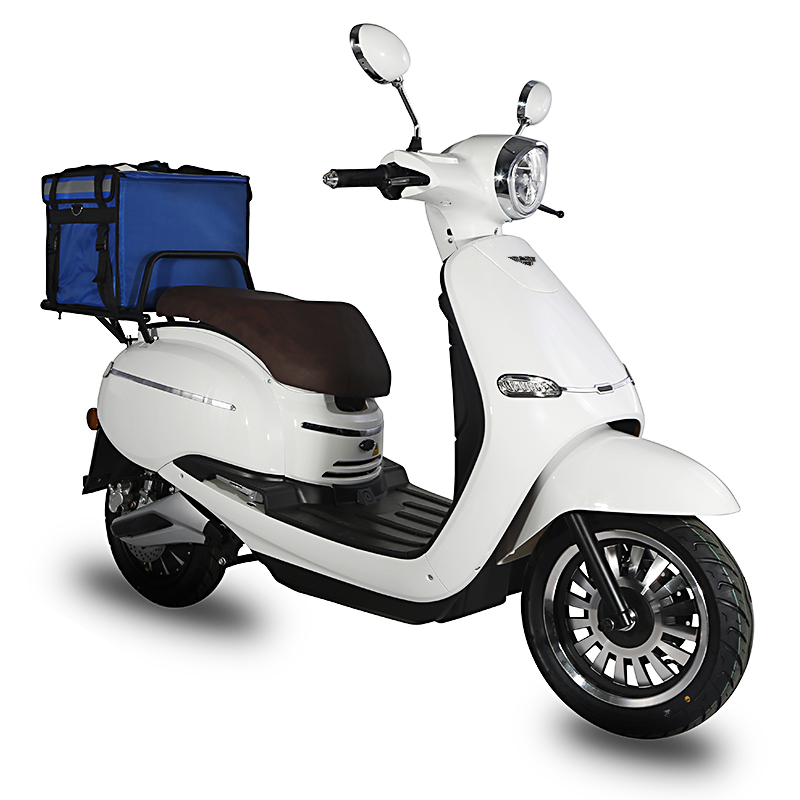 White retro delivery scooter with brown seat