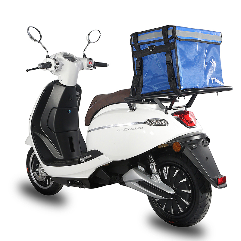 White scooter with blue delivery bag on rear rack