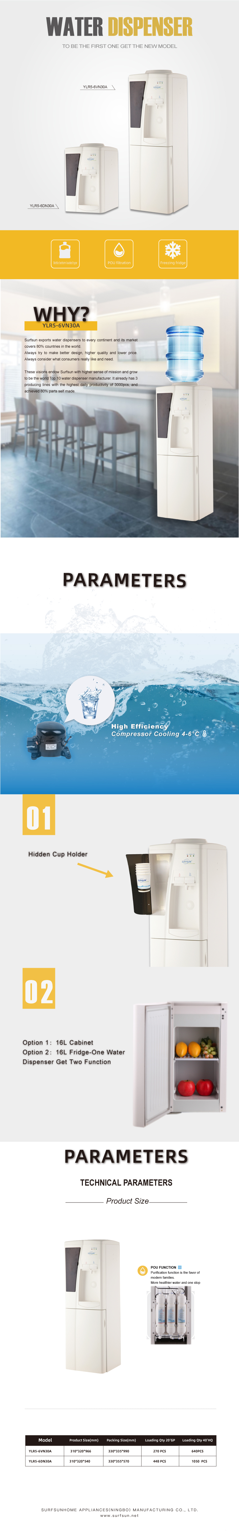 Technical diagram and feature overview of the water dispenser