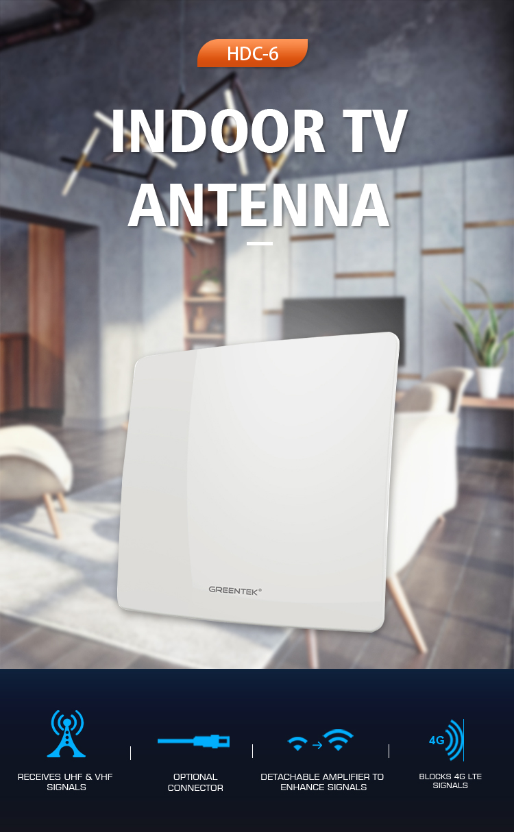 Indoor TV antenna with detachable amplifier and 4G LTE filter