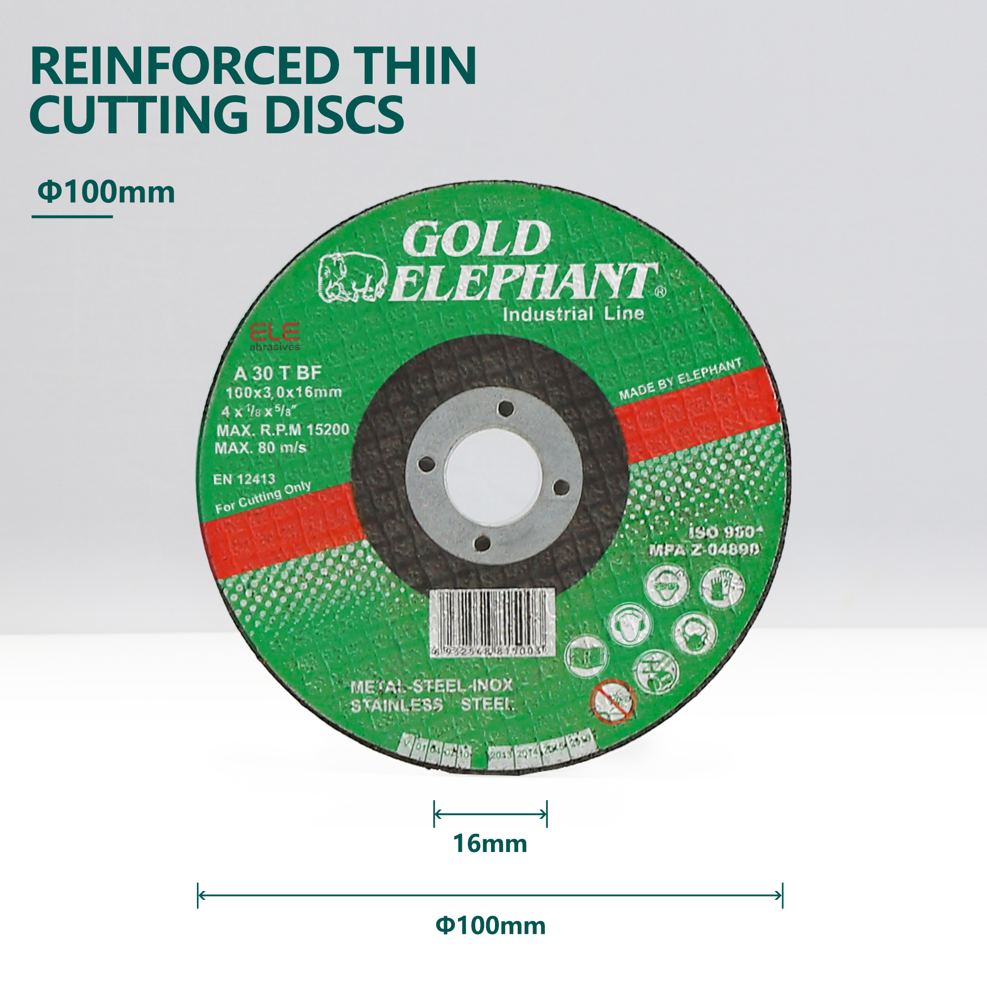 Reinforced thin cutting disc for stainless steel