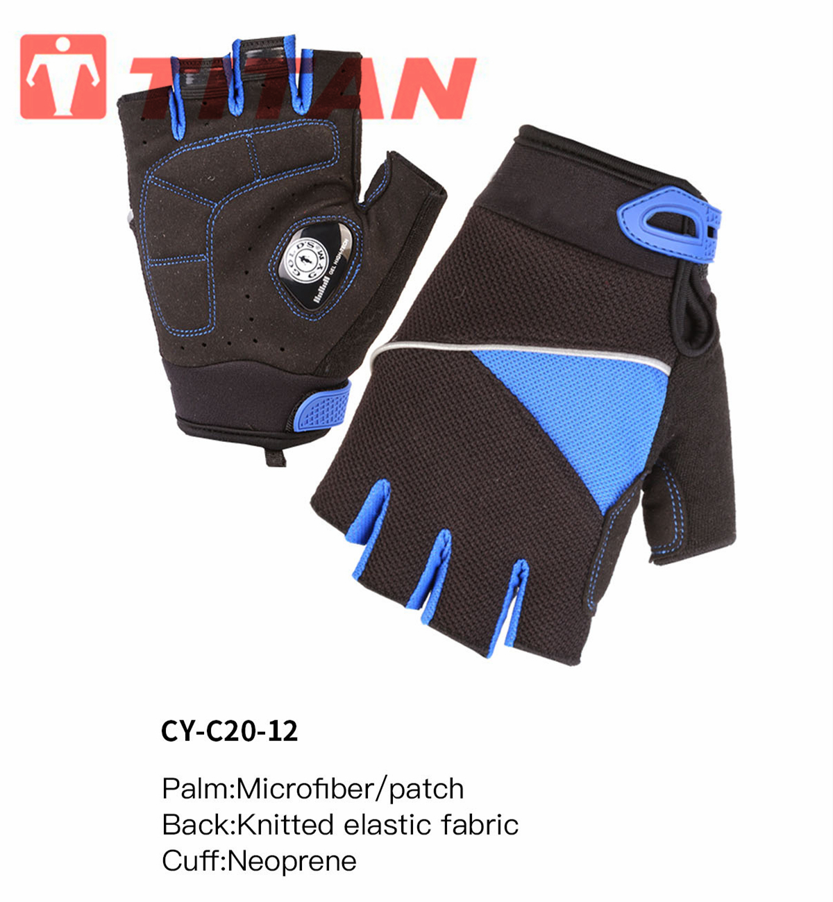 Technical diagram of half-finger cycling glove showing material composition