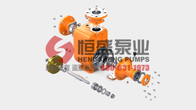Exploded view of the self-priming centrifugal pump showing internal components