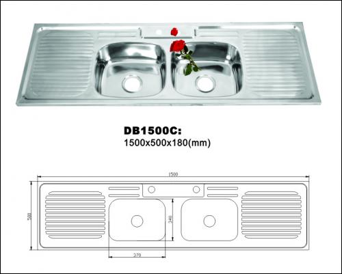 Double Bowl Stainless Steel Kitchen Sink with Drainboard