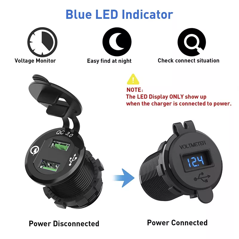 Blue LED Voltmeter display showing voltage monitoring functionality