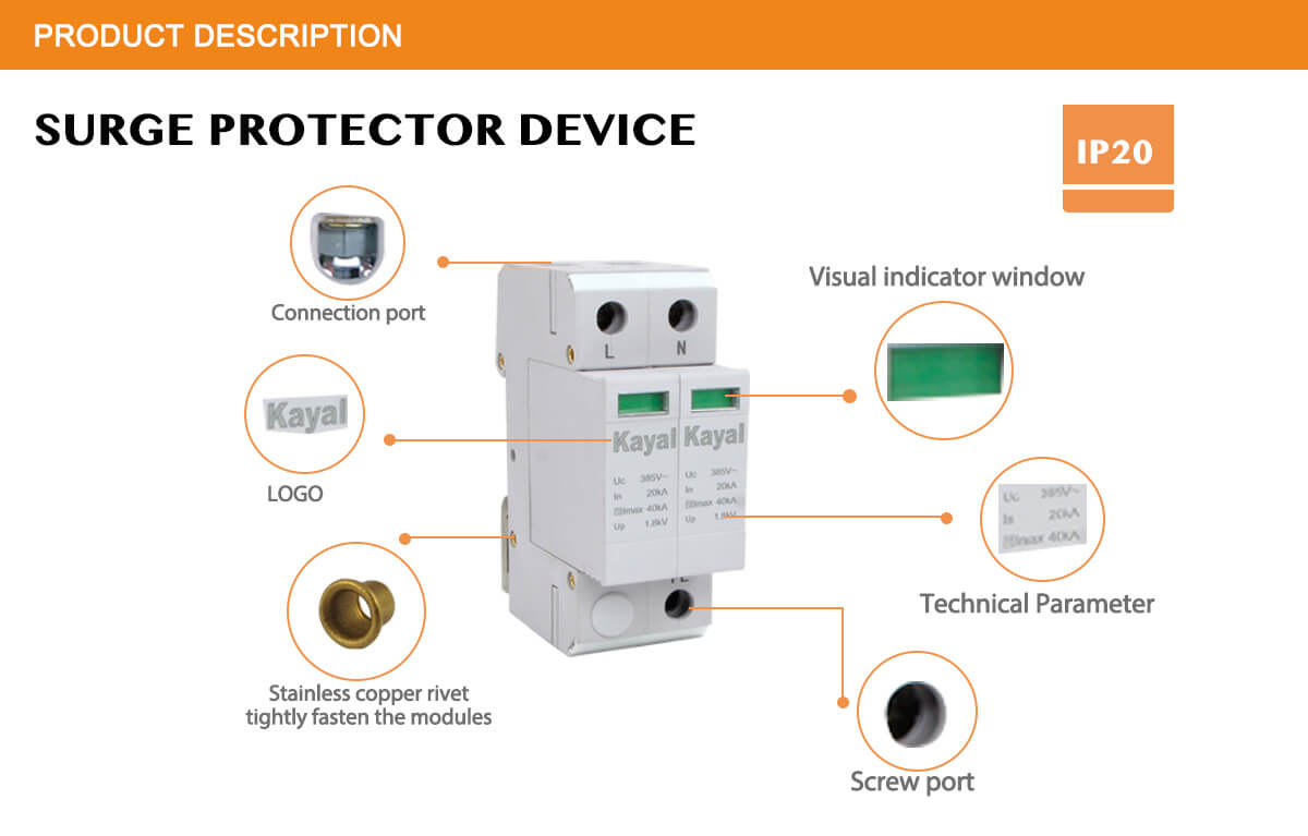 DC Surge Protection Device showing connection ports and visual indicator