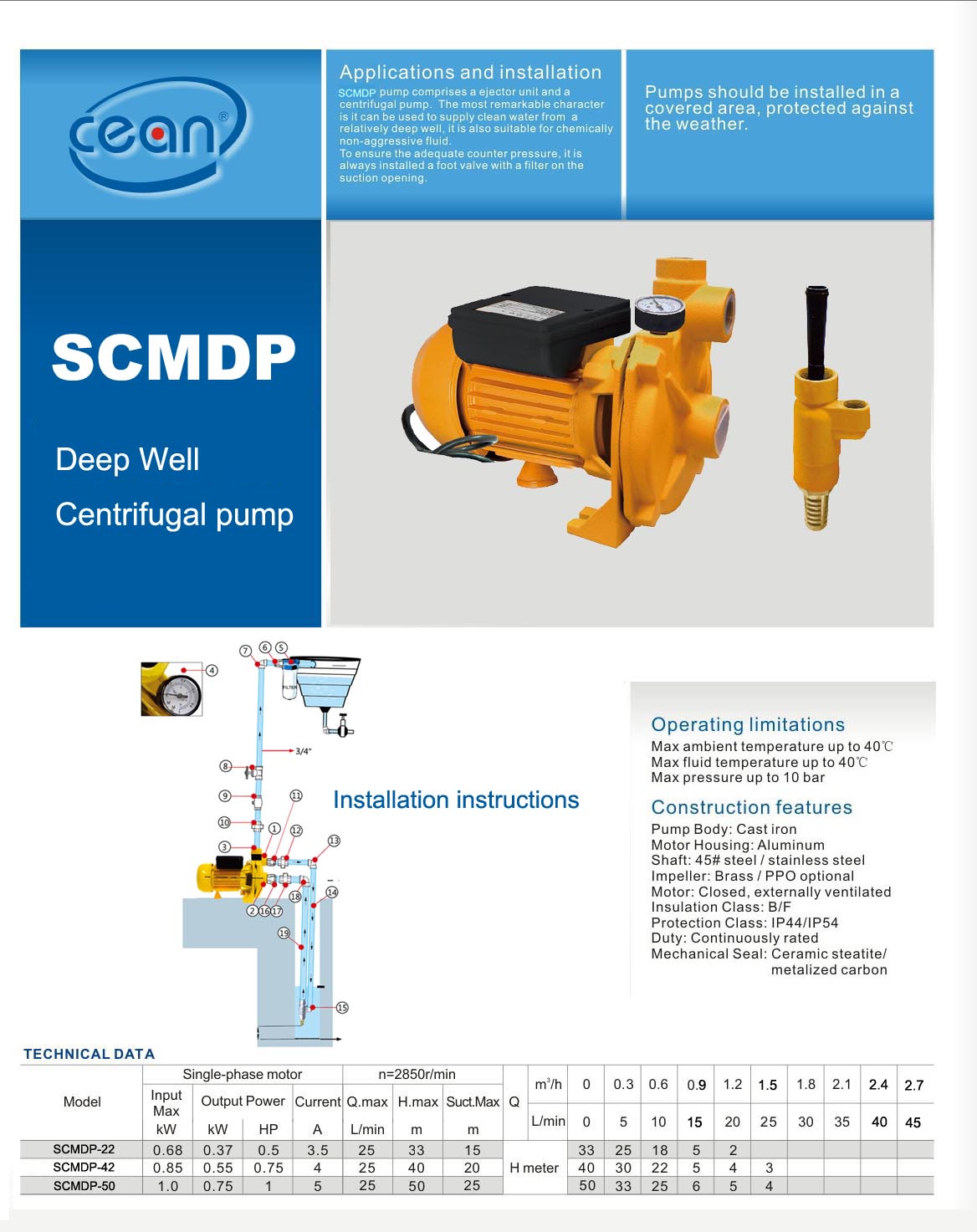 Technical diagram and performance data for SCMDP deep well centrifugal pump