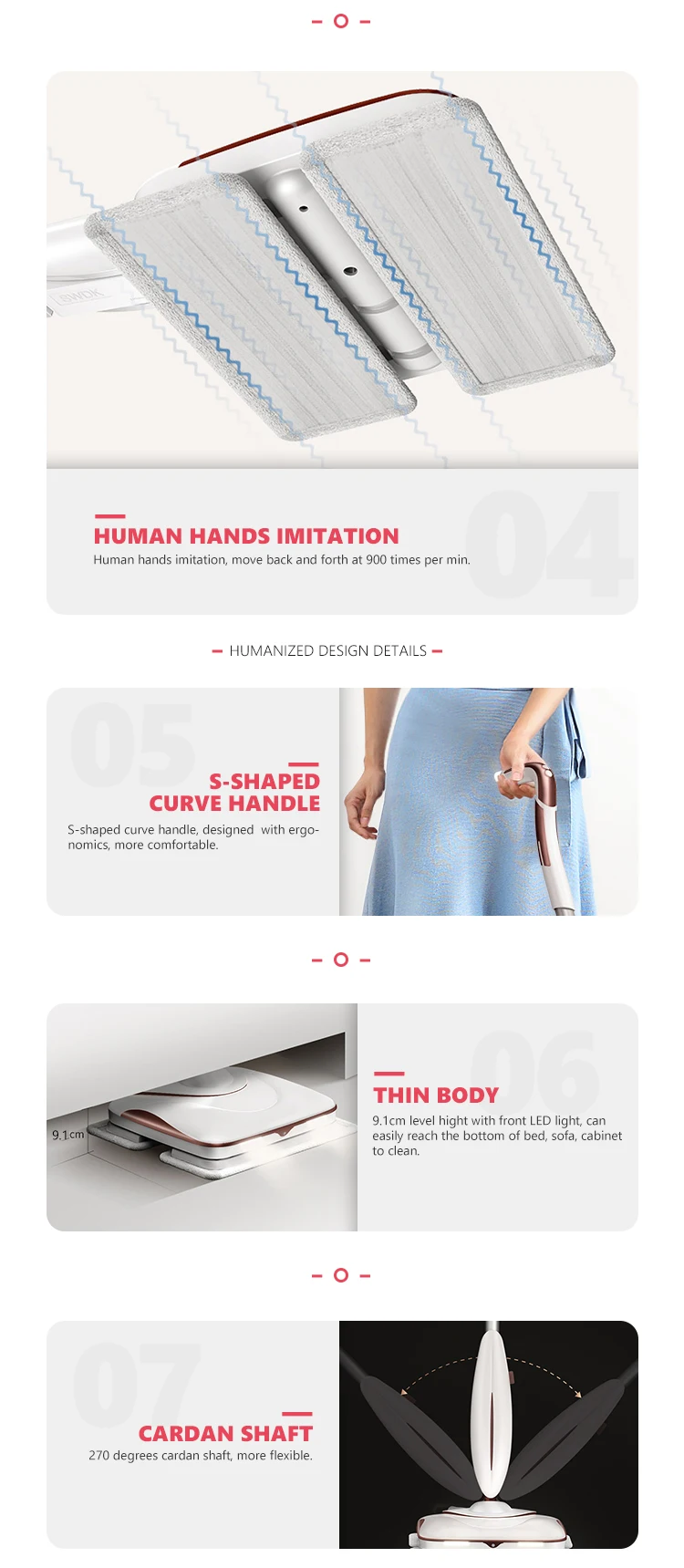 Ergonomic S-shaped handle and thin body design of the electric mop