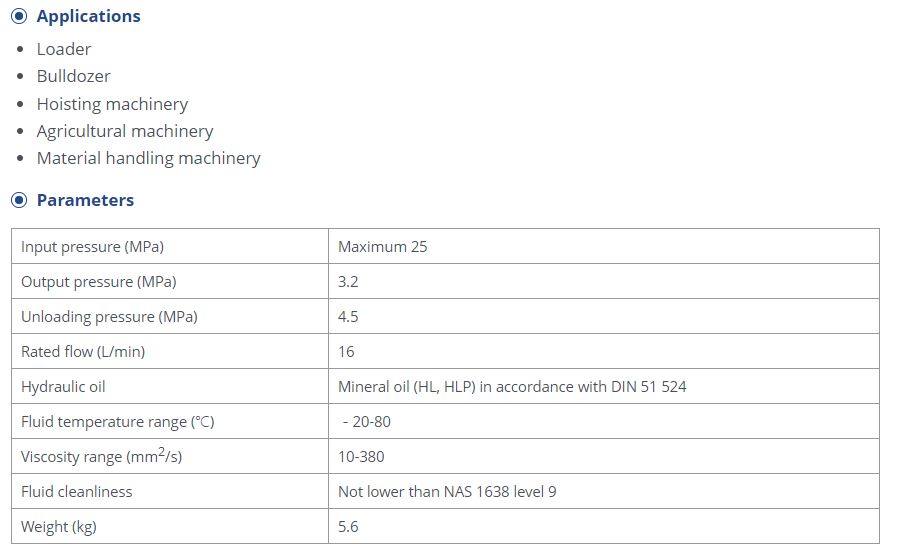 Technical specification table and application list for the hydraulic pilot valve supply unit.