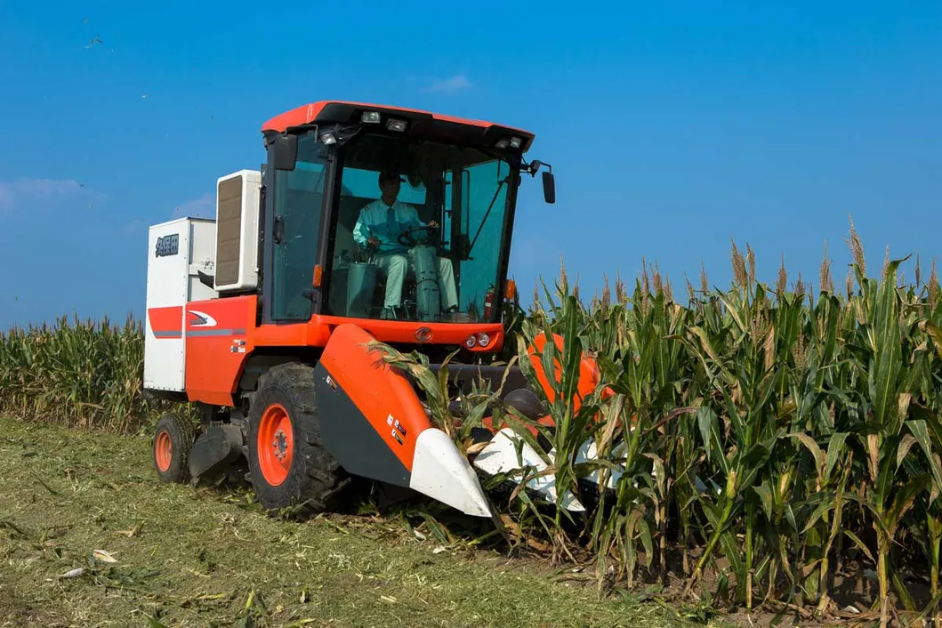 Self-propelled corn harvester in field