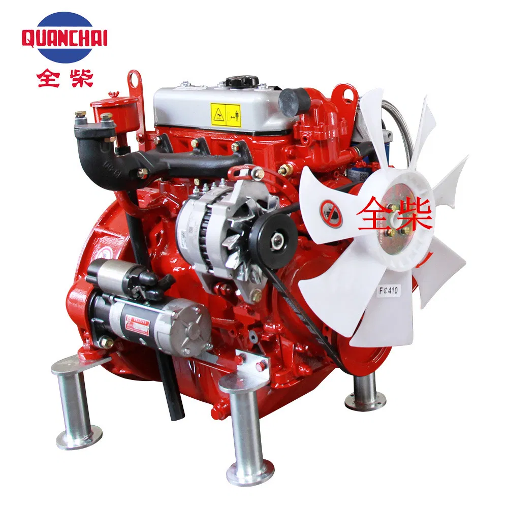 Compact four-stroke diesel engine with red block and cooling fan