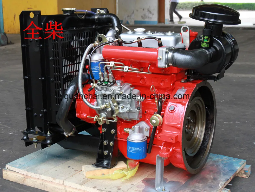 Red 3-cylinder diesel engine with radiator